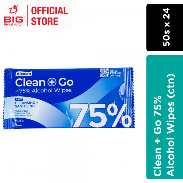 Alcosm Clean+Go 75% Alcohol Wipes 50Sx24 pc (ctn)
