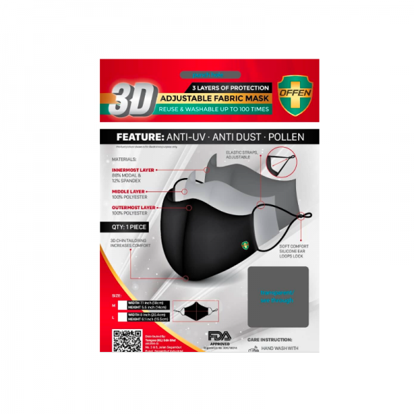 Offen 3 Ply 3D Reusable & Adjustable Fabric Mask (Black - L Size) 1S