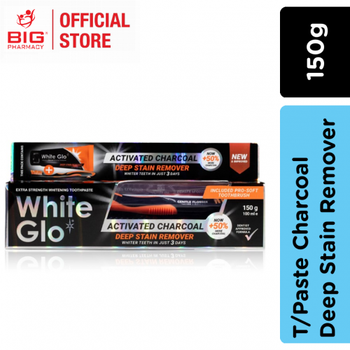 White Glo T/Paste Charcoal Deep Stain Remover 150g+Toothbrush+Toothpic