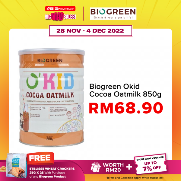 Biogreen Okid Cocoa Oatmilk 850g