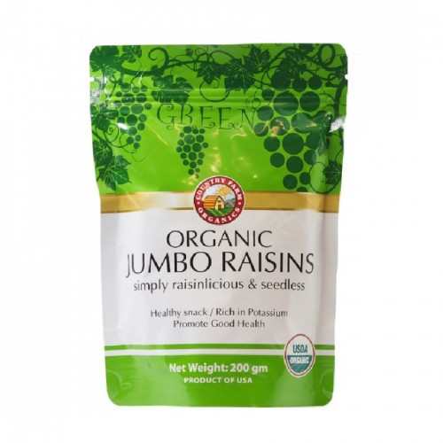 Country Farm Organic Raisins - Green Seedless Jumbo Size 200gm Pouch