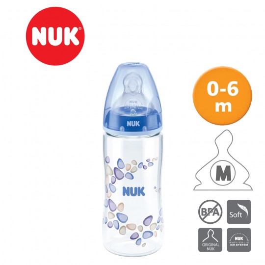 NUK Premium Choice 300ml PA Bottle With Silicone Teat Size 1 (Medium) Assorted Colour-Blue/Pink