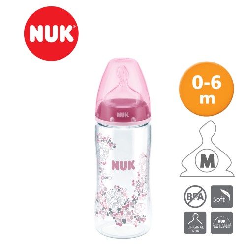 NUK Premium Choice 300ml PA Bottle With Silicone Teat Size 1 (Medium) Assorted Colour-Blue/Pink