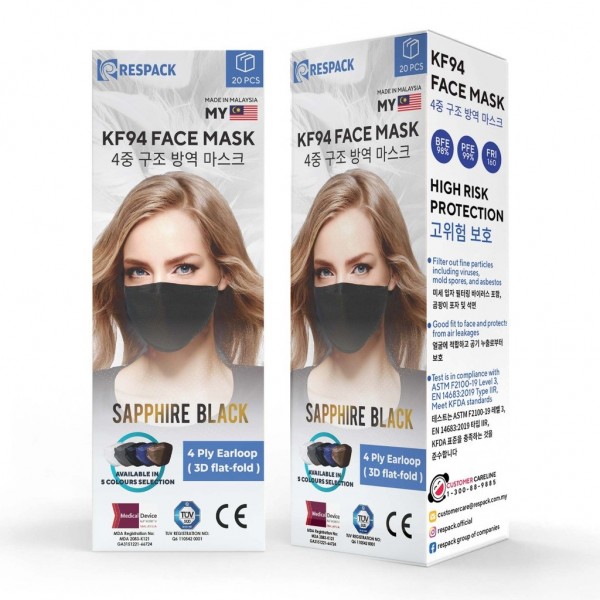 Respack Kf94 4 Ply Surgical Face Mask 20S (Sapphire Black - Ear Loop)